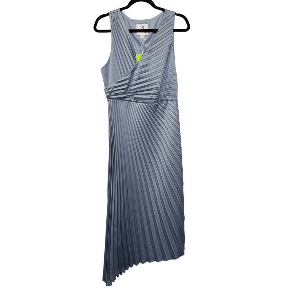 Sam Edelman Hammered Satin V Neck Plisse‎ Midi Dress Glacier Size 10 NEW